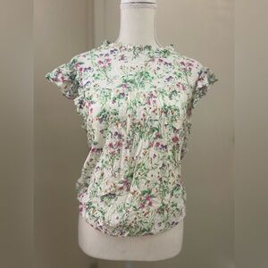 Green and White Ruffled Cap Sleeve Blouse